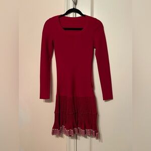 Alaia Knit Long Sleeve Flare Pleated Red Dress